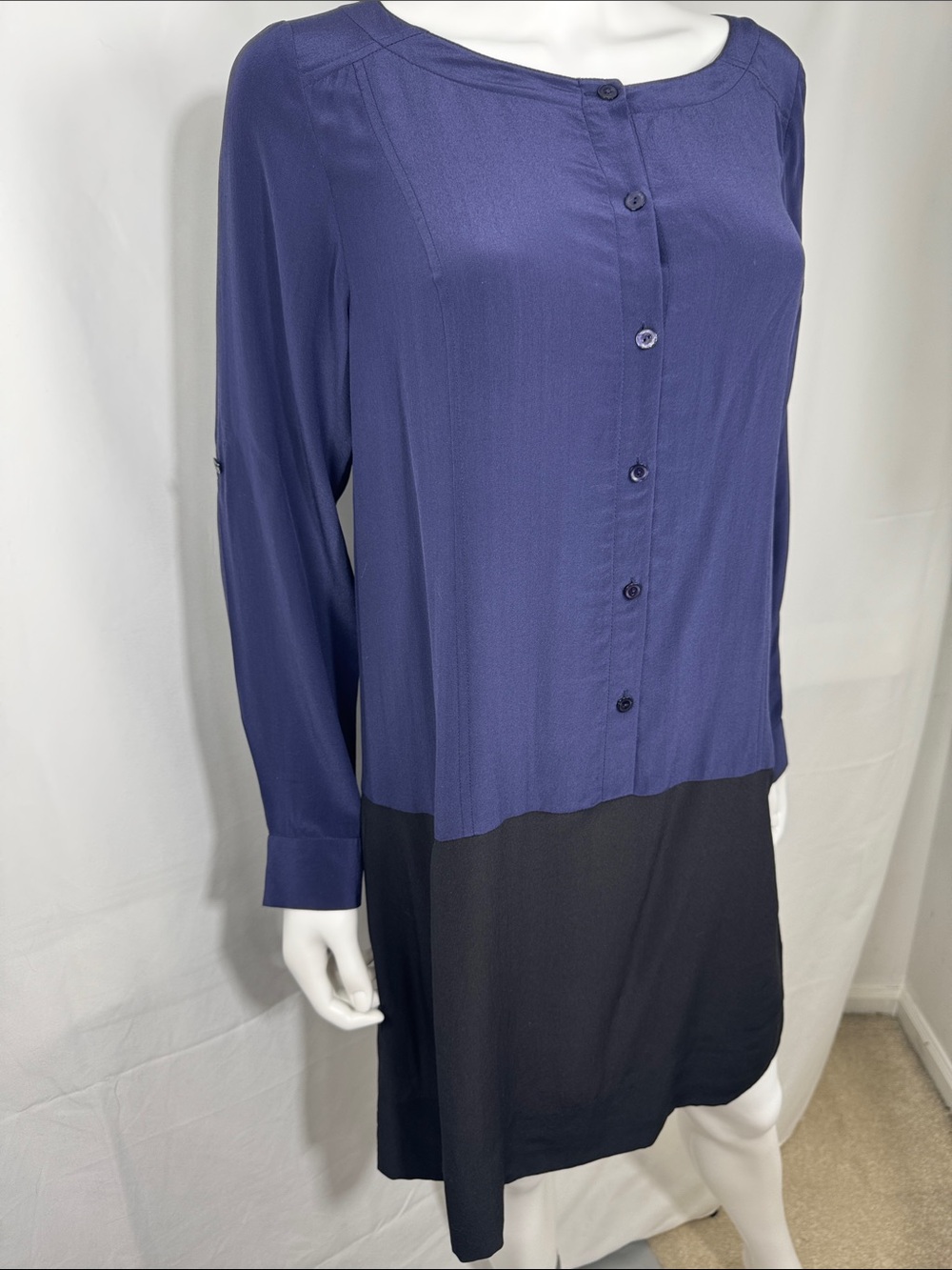 Eileen Fisher 100% Silk Colorblock Tunic Dress Blue Black Pockets - Picture 6 of 9